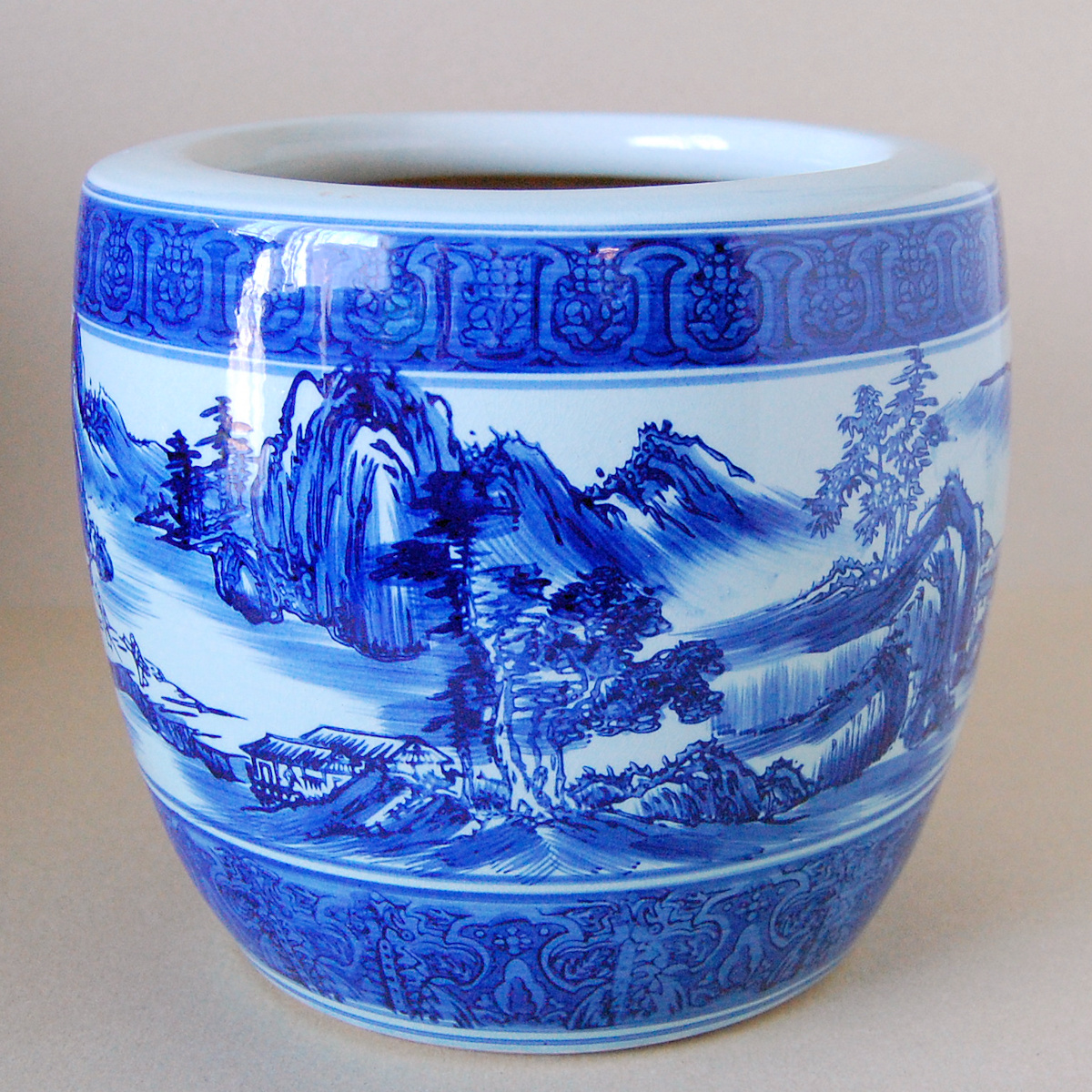 唐銅 火鉢 楼閣山水風景図 三足 台付の大火鉢 龍耳 約47.5cm/口径