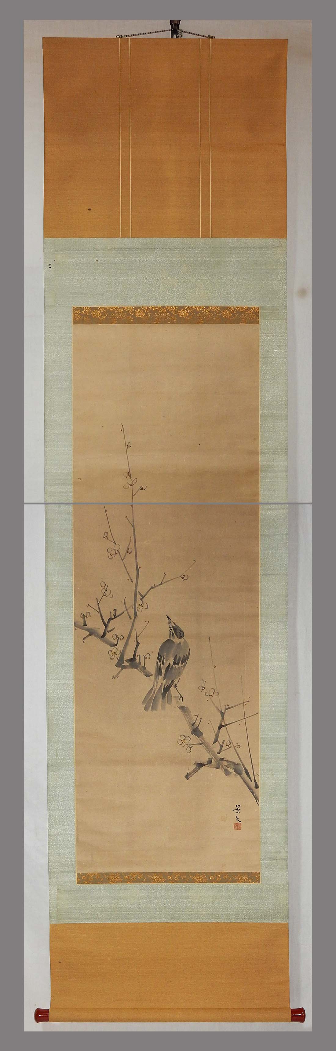 真作/松村景文/伊勢海老図/軸先蒔絵/布袋屋掛軸HH-479