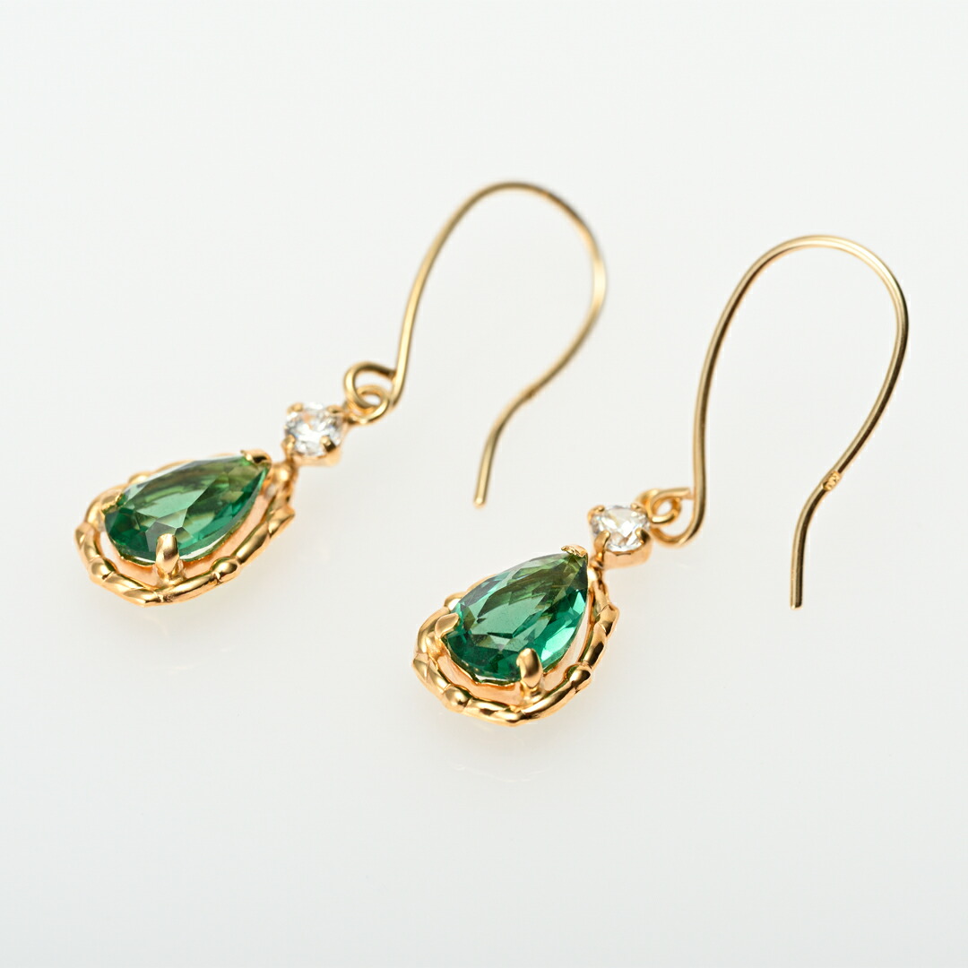 フックピアス K10イエローゴールド シンセグリーンクォーツ