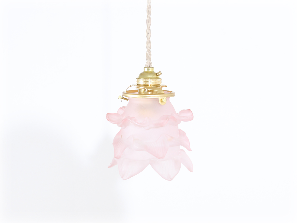 ローズピンク フロストガラス フリルランプシェード｜アンティーク家具