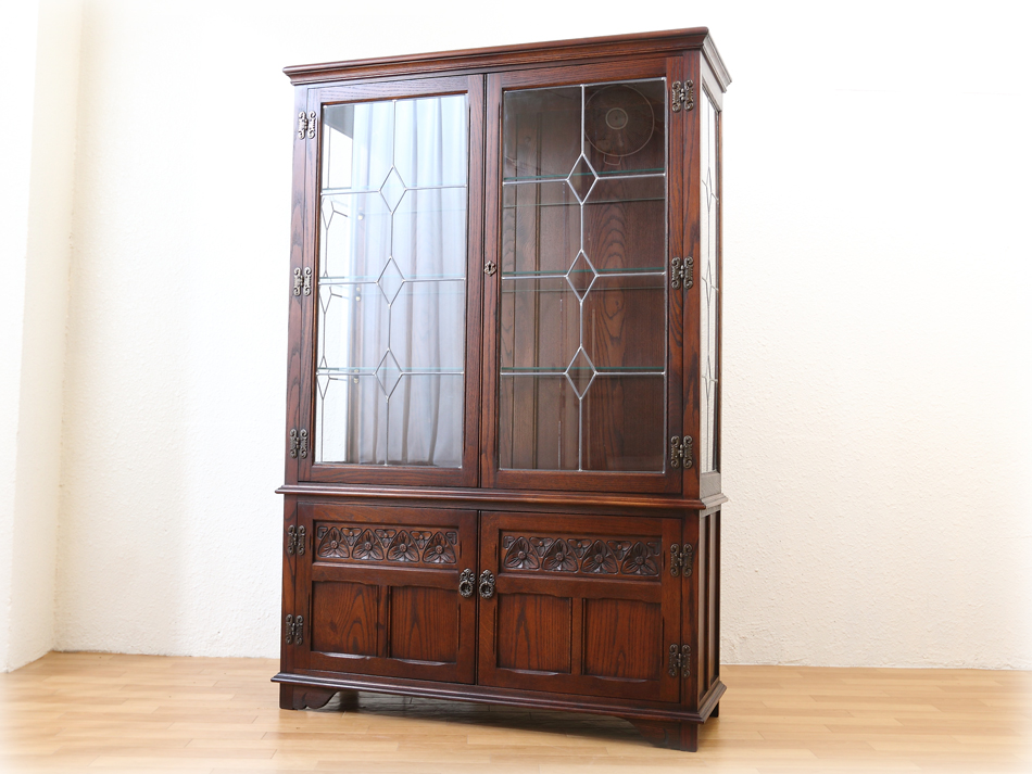 昭和レトロ 本物 ステンドグラス風 木製サイドボード 飾り棚 カップ