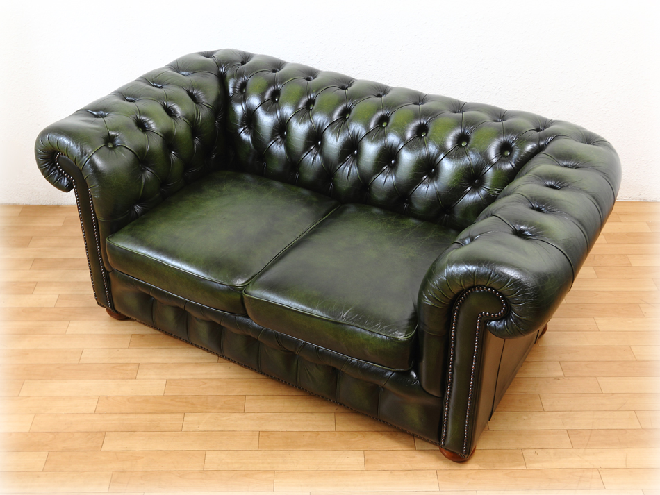 チェスターフィールド グリーンレザー 2Persons クラブソファ