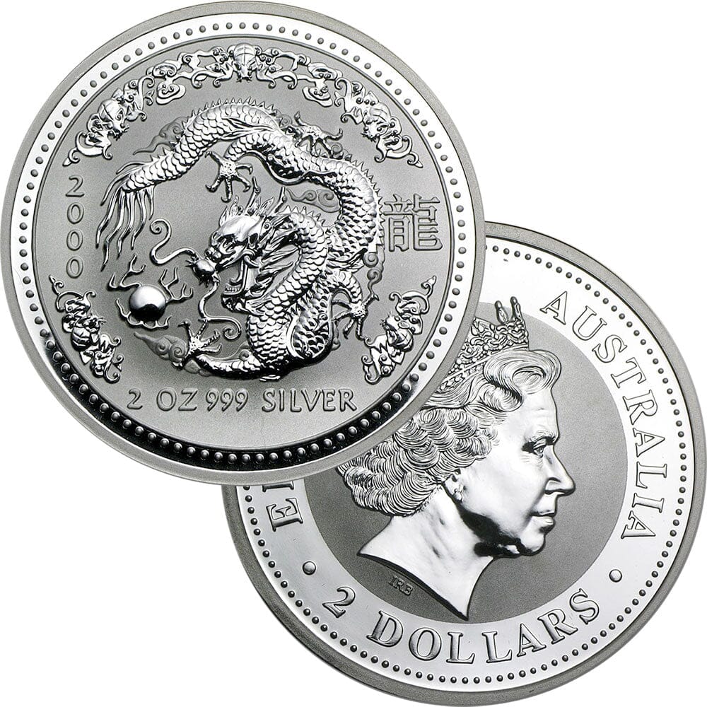 2000 Australia Silver Year of the Dragon 2 oz .999 Silver - Gem BU (In