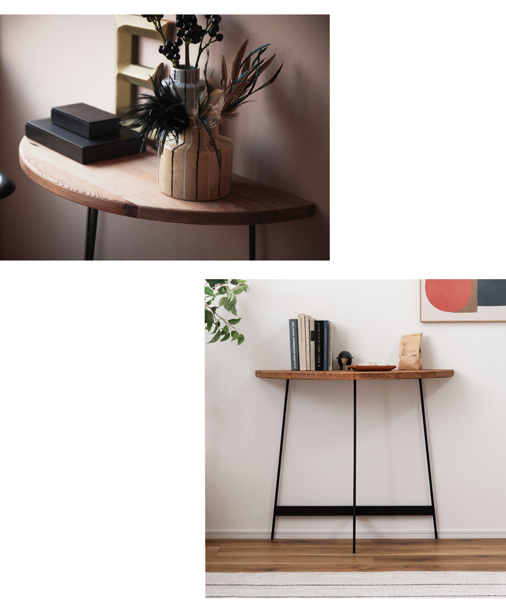 東谷 コンソールテーブル デスク 壁付け 半円 木製 天然木 古材