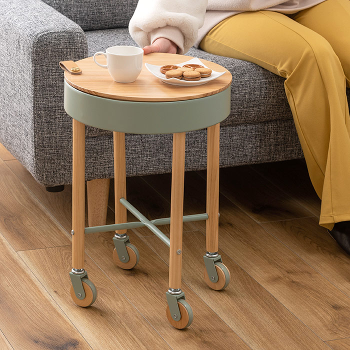 収納付きサイドテーブル 丸 キャスター付き 木製 丸型 円形 直径35cm