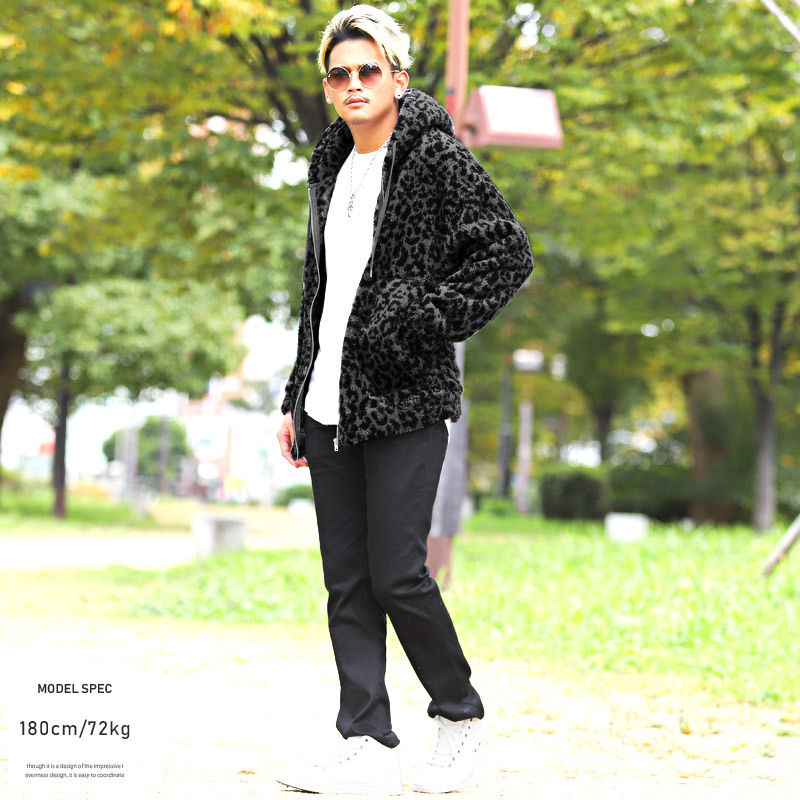 ボア パーカー メンズ トップス シャギーボア ジップ レオパード 豹柄