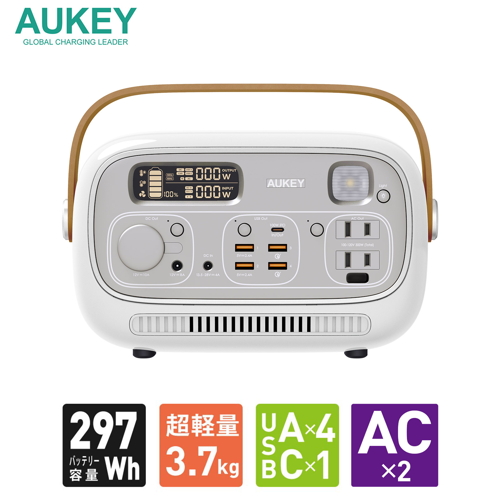 AUKEY ポータブル電源 297wh 定格300W 82500mAh DC/AC/USB出力 非常用