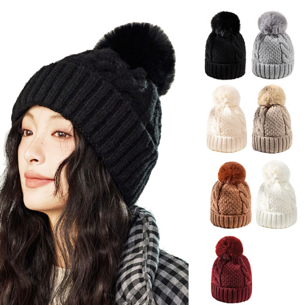 ボンボン ニット帽 ケーブルニット ボア付き 厚手 帽子 ニットキャップ