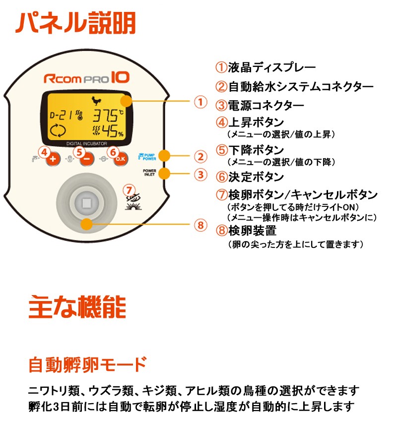 RcomプロPlus10 小型全自動孵卵器(自動湿度調整機能付) : eバード