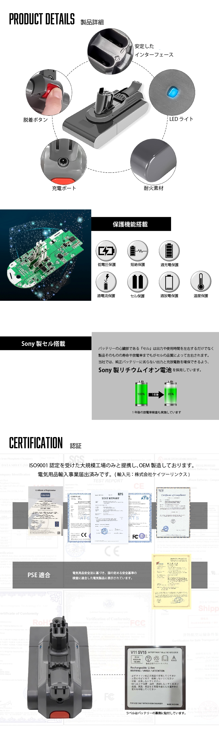 Dyson（ダイソン） 【互換品】 V11 SV15 バッテリー 脱着式 壁掛け