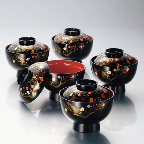 デッドストック！時代金縁朱漆に優美な富士山蒔絵の映えるお椀2点（検