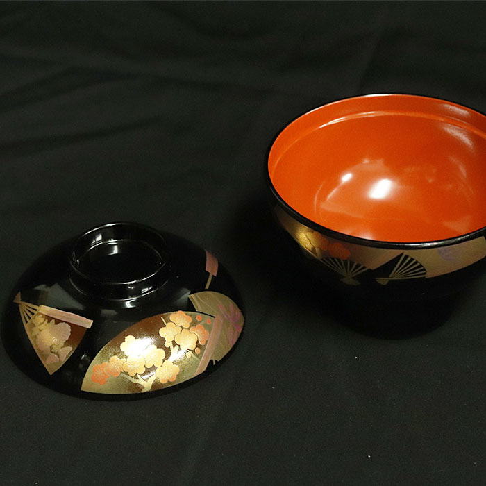 雑煮椀 フタ付き 日本製 国産 会津漆器 雅扇面 黒 箱入り お椀 正月