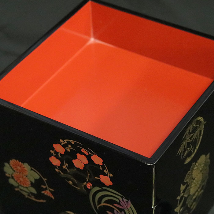 重箱 3段 日本製 国産 会津漆器 6.5 三段重共足 花丸四君子 黒 内朱