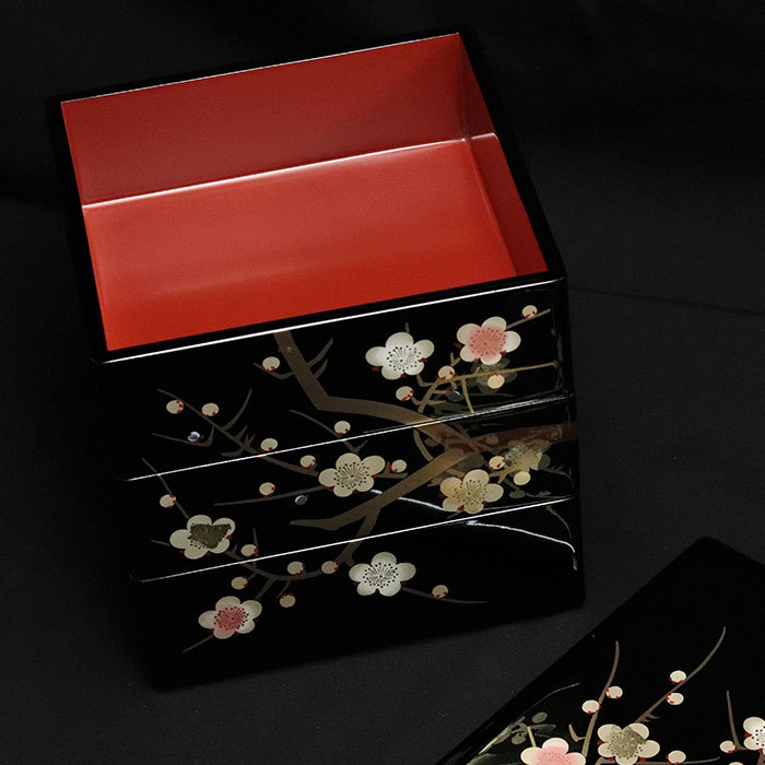 重箱 3段 日本製 国産 会津漆器 黒 6.5 三段重 枝梅 隅丸 6.5寸 5〜6人