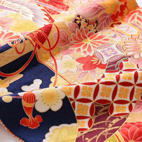 未仕立て 振袖 22点セット「濃紺 雲取り花と鶴薬玉」仮絵羽 振り袖