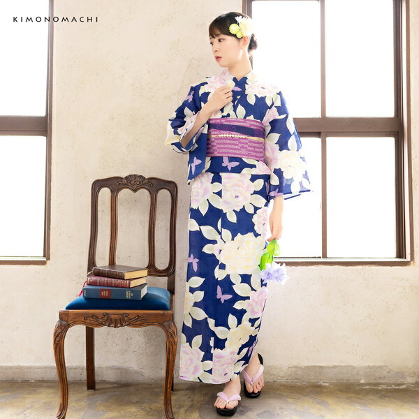 KIMONOMACHI 浴衣 レディース 浴衣と帯の2点セット 「浴衣 ブルー 薔薇