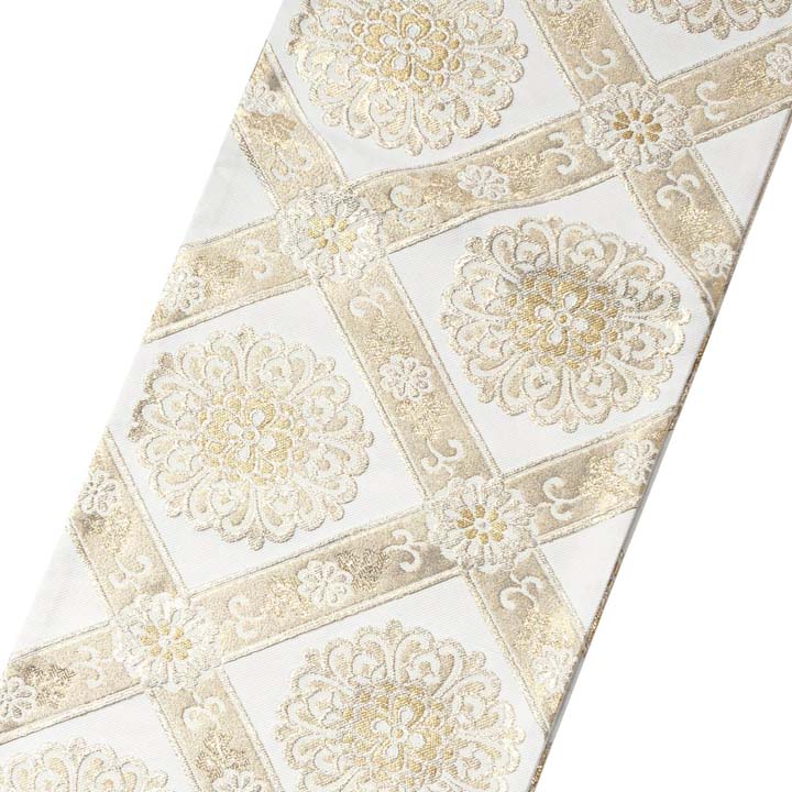 振袖 袋帯 単品「白×ゴールド 唐花格子」六通柄 日本製 お仕立て上がり