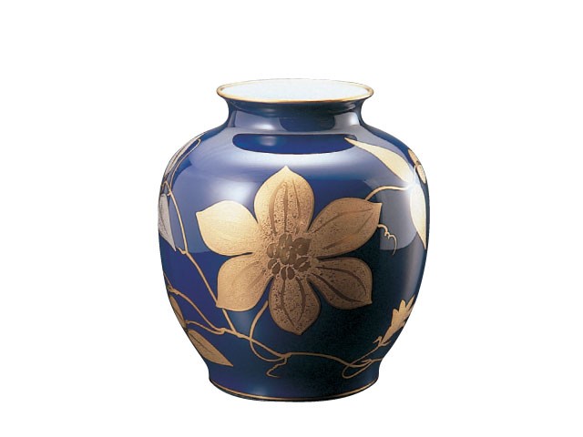 大倉陶園 日本製 瑠璃金蝕鉄線 約29cm花器 19A/9026 花器 花瓶 花生け