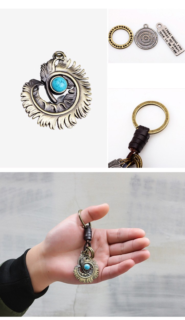 アンティーク フェザー キーホルダー キーリング ターコイズ