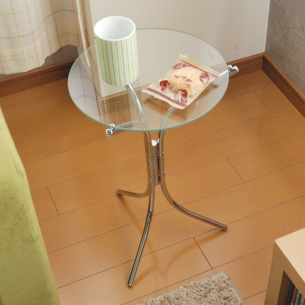 ミヤグチ企販 サイドテーブル 円型 ガラス天板 スチール脚 約直径32cm