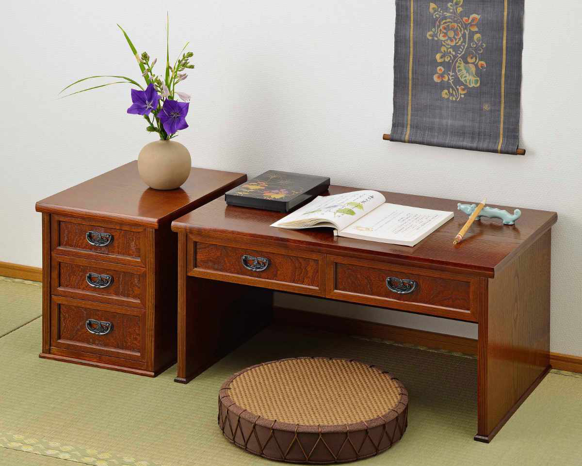 ケンホープ 文机 引出し付 けやき調 秋草 幅75cm （ 机 つくえ 畳机