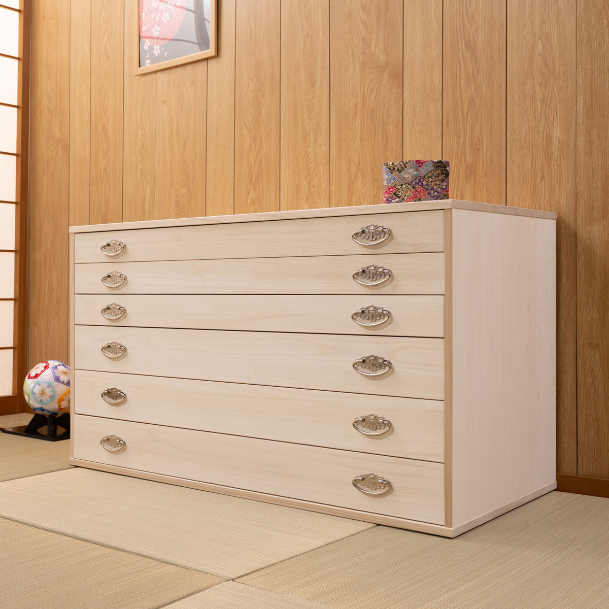 桐タンス 幅99.5cm 6段 シルバー金具 キャスター付 日本製 （ 桐