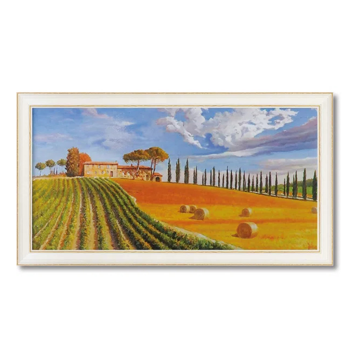 油彩風 風景画 額装 収穫の風景 藁束 畑 ヨーロッパ調 インテリア