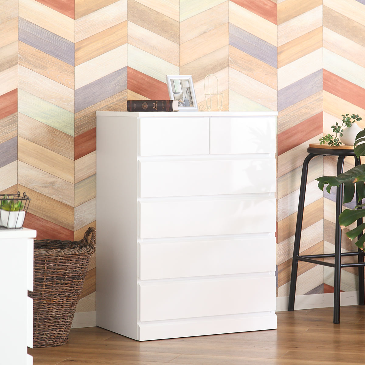 クロシオ チェスト 5段6杯 鏡面仕上げ 幅60cm （ タンス 完成品 収納