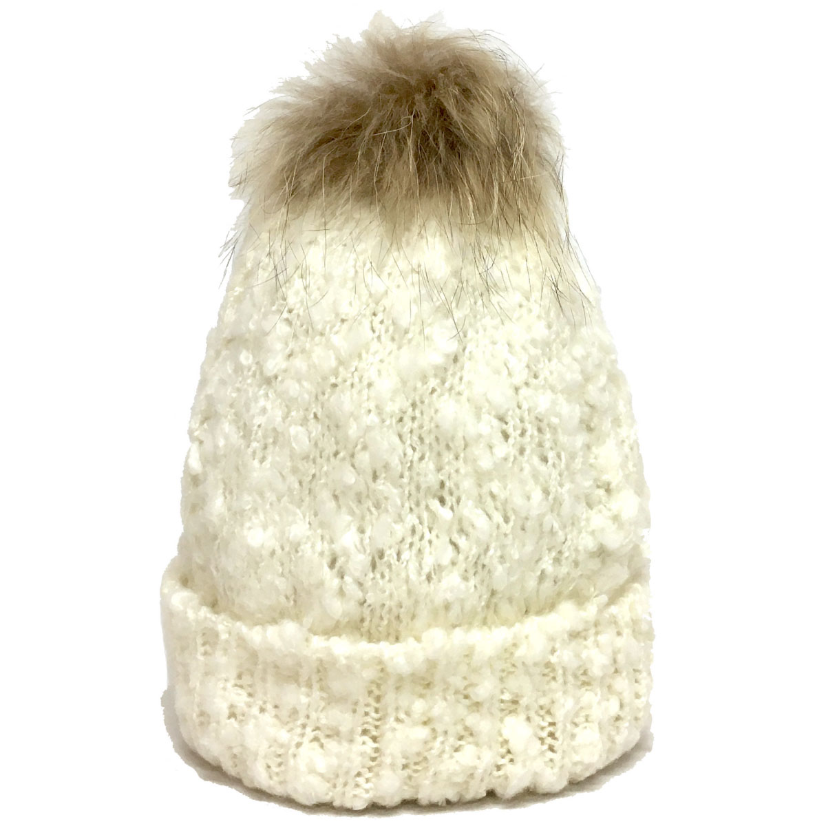 ニット帽 スラブ糸 もこもこ 選べるポンポン＆ワッチ ケーブル編み