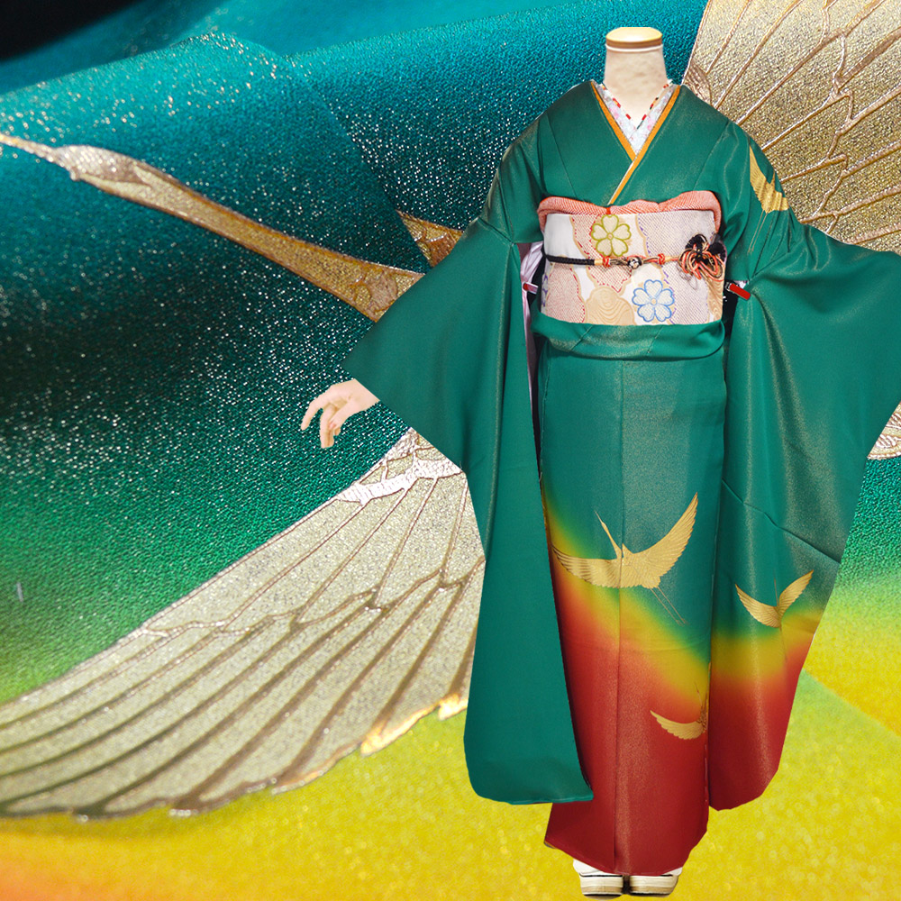 手染め 京友禅 金彩 正絹 振袖 30点 セット 緑 成人式 ふりそで 袋帯