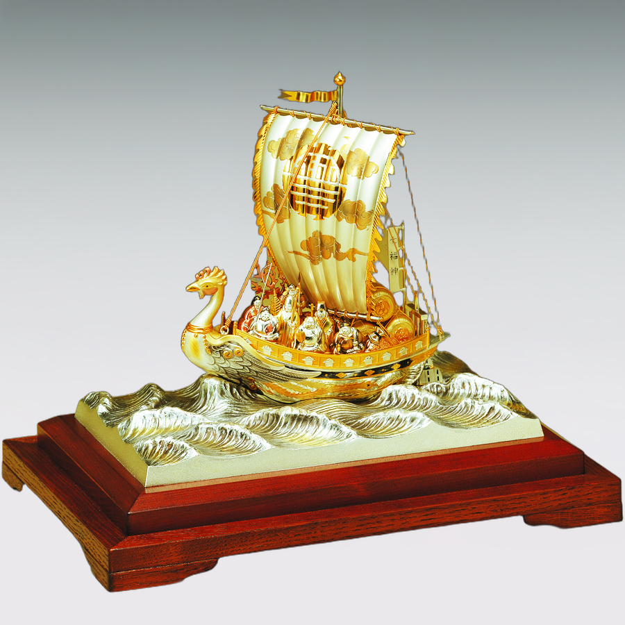大阪尚美堂製 銀製 宝船 約287g 置物 ガラスケース付 F R6756B 大阪尚美