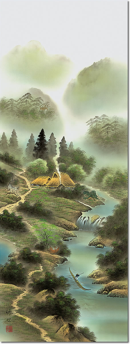 掛け軸-風水四神相応図／田村竹世（尺五・桐箱・風鎮付き）山水画掛軸