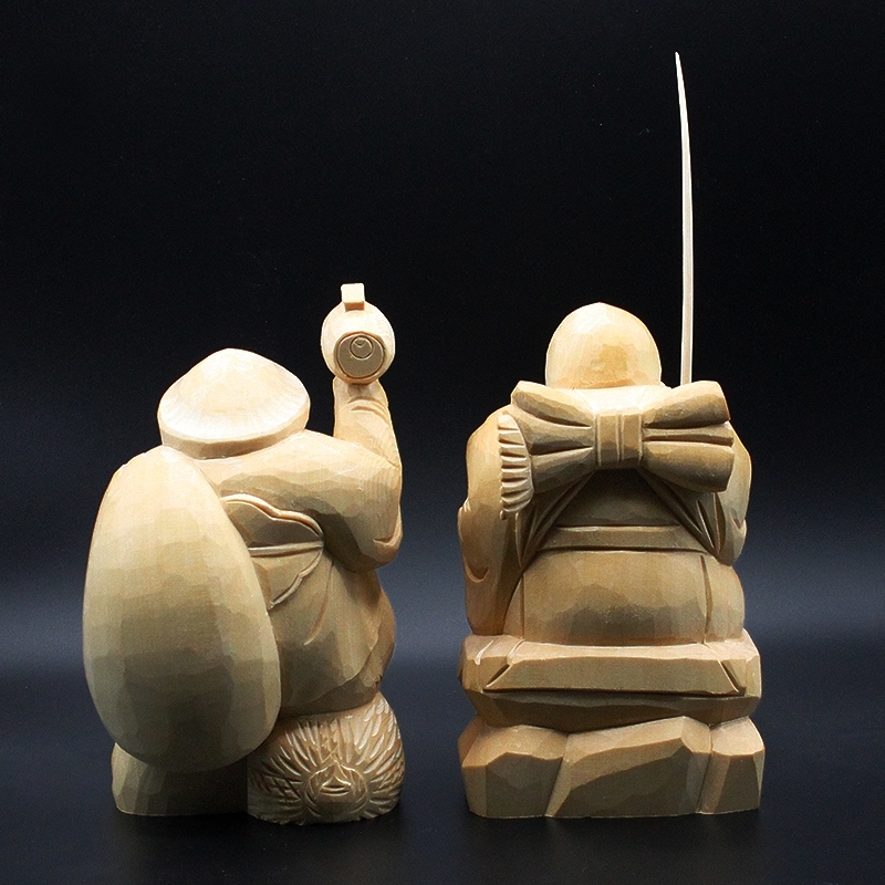 天然 桧木彫り (ヒノキ) 大黒天 恵比寿 像 セット（高さ約15cm） 金運