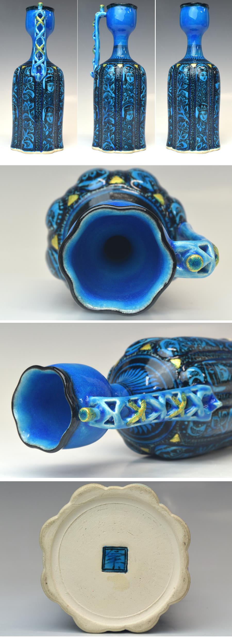 趣楽】 希少 人間国宝 【加藤卓男】作 『青釉胡姫文手付花入』 高さ