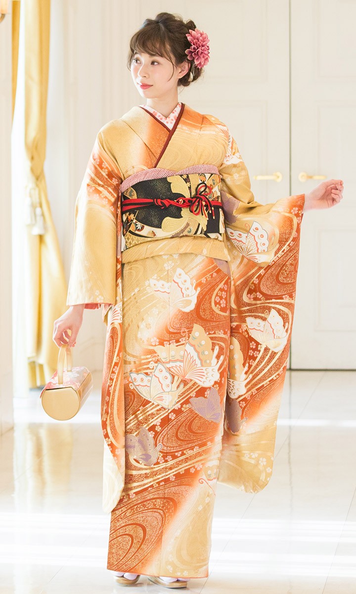 高級正絹 振袖レンタル 送料無料 FS-018 黄系 振袖 成人式 レンタル