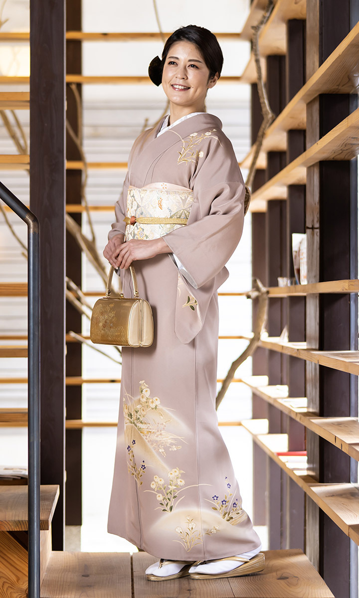 レンタル フルセット 高級正絹 訪問着 HO-MI220 茶鼠色 菊・萩・桔梗