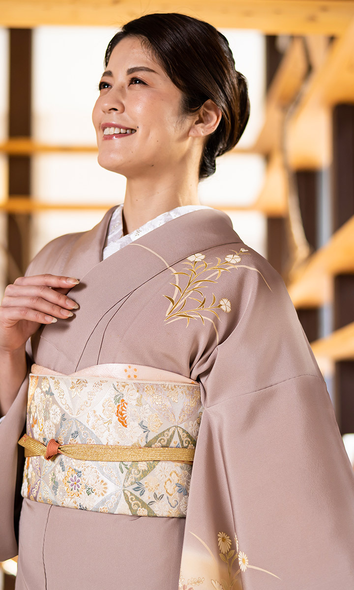 レンタル フルセット 高級正絹 訪問着 HO-MI220 茶鼠色 菊・萩・桔梗