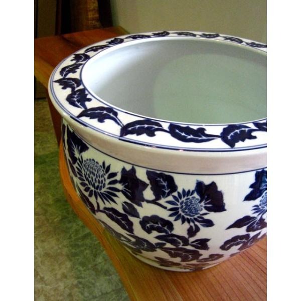 浮彫魚缶 洋蓮 青 (大) 14号鉢 火鉢 めだか アンティーク 水鉢 陶器