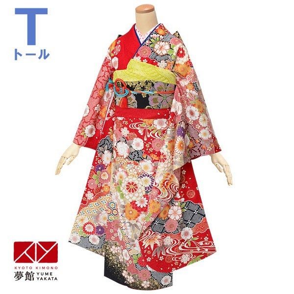振袖レンタル 赤 毬に桜菊雪輪（絹）(R2097) 成人式 結婚式 対応身長