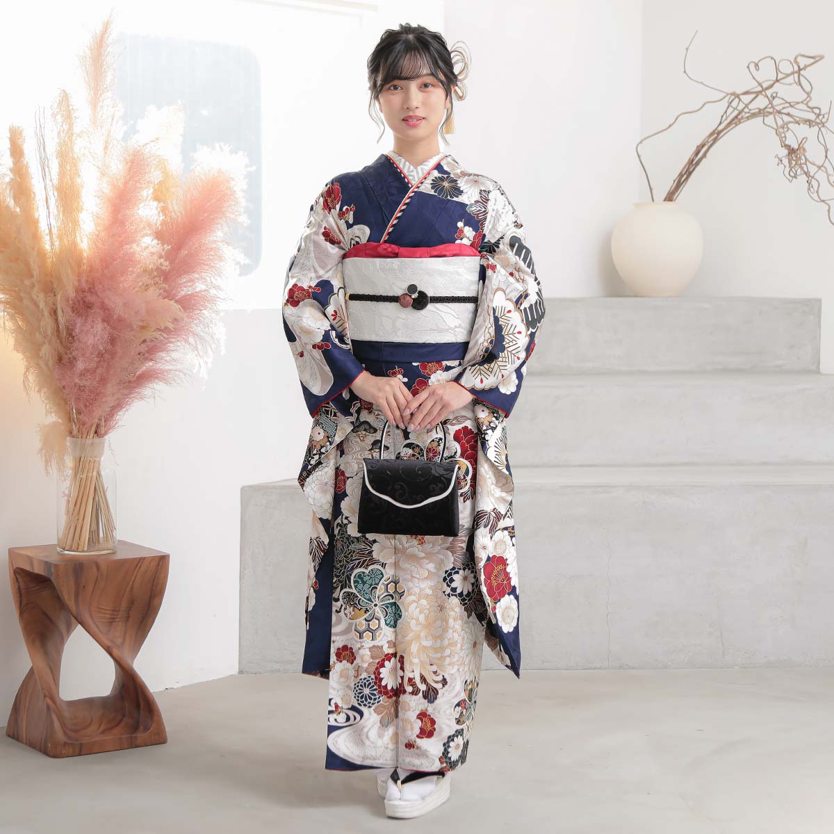 振袖 レンタル 成人式 結婚式 濃紺 流水菊牡丹12月〜1月利用 対応身長