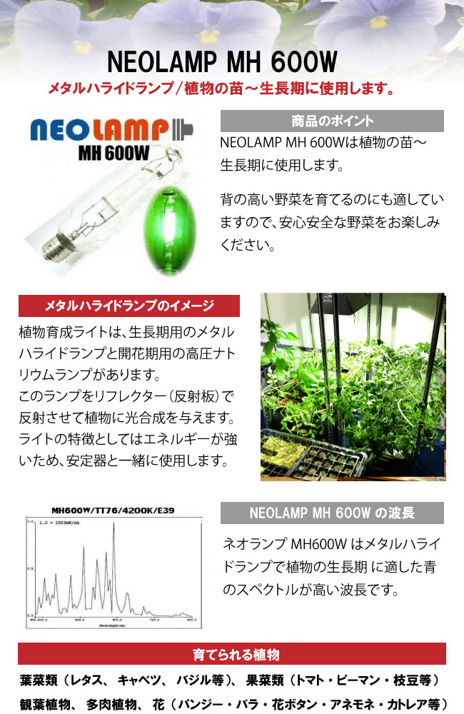植物育成ライト NEOLAMP MH 600W 生長期用 GROW LIGHT | ベジフル