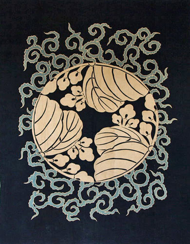 古布 筒描き 藍染 家紋源氏車 違い鷹の羽 渡辺星 3枚 古布 筒描き