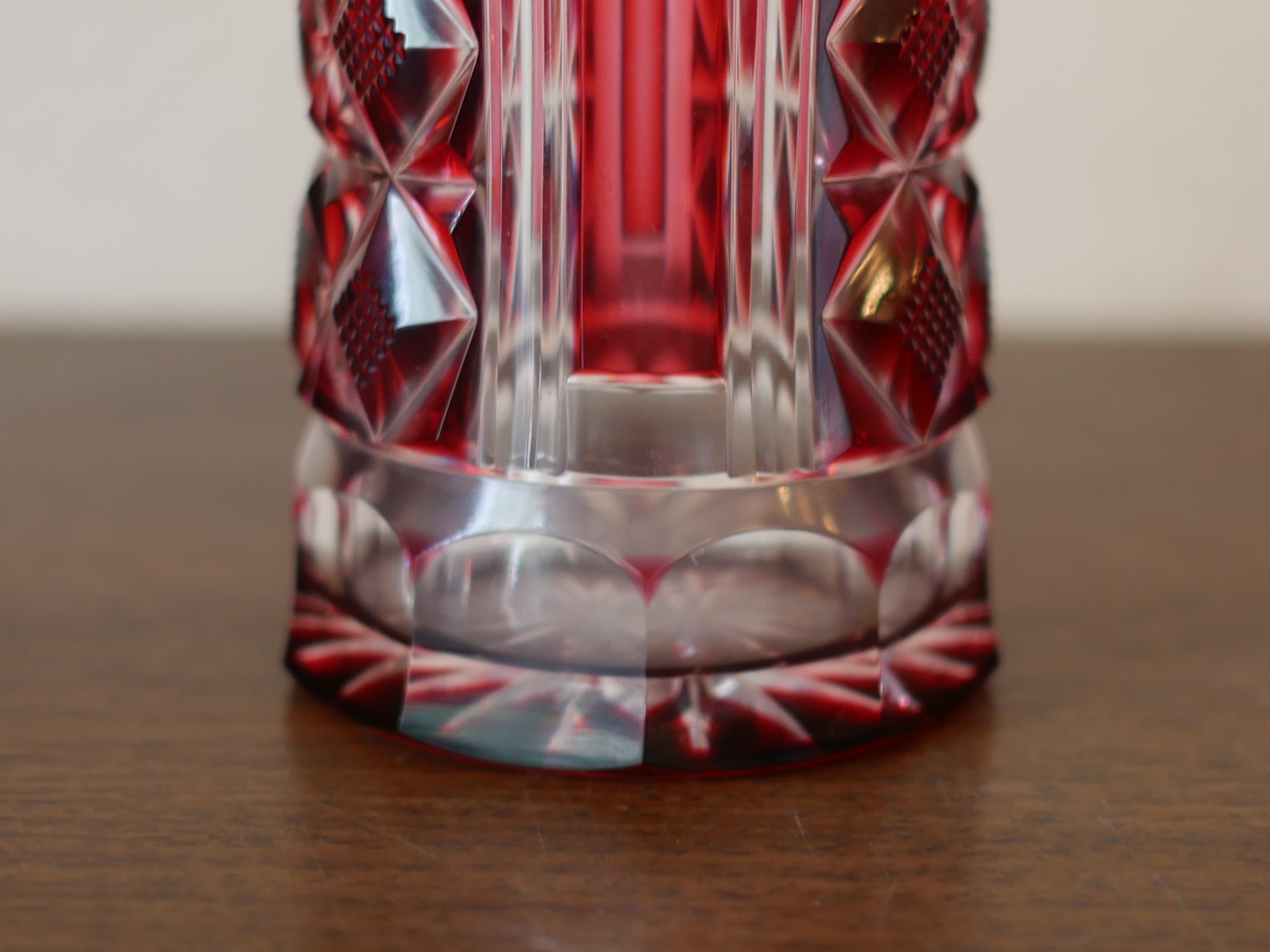 ヤマザキガラス製 薩摩切子 南蛮赤 矢来籠目 菊透かし紋様 栞＆共箱