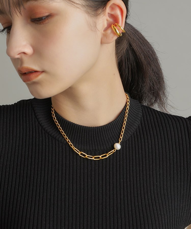 シルバー ミックスチェーン ロングカーブ・ケーブル パールネックレス