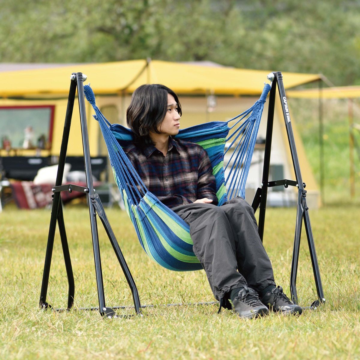 スチールポール 3WAYハンモックセット(グリーン・ブルー) -キャプテン