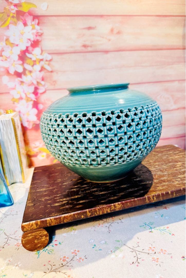 昭和レトロ 青磁器 芸元作 花瓶 壺 青磁 透かし網 編み目模様陶器花瓶