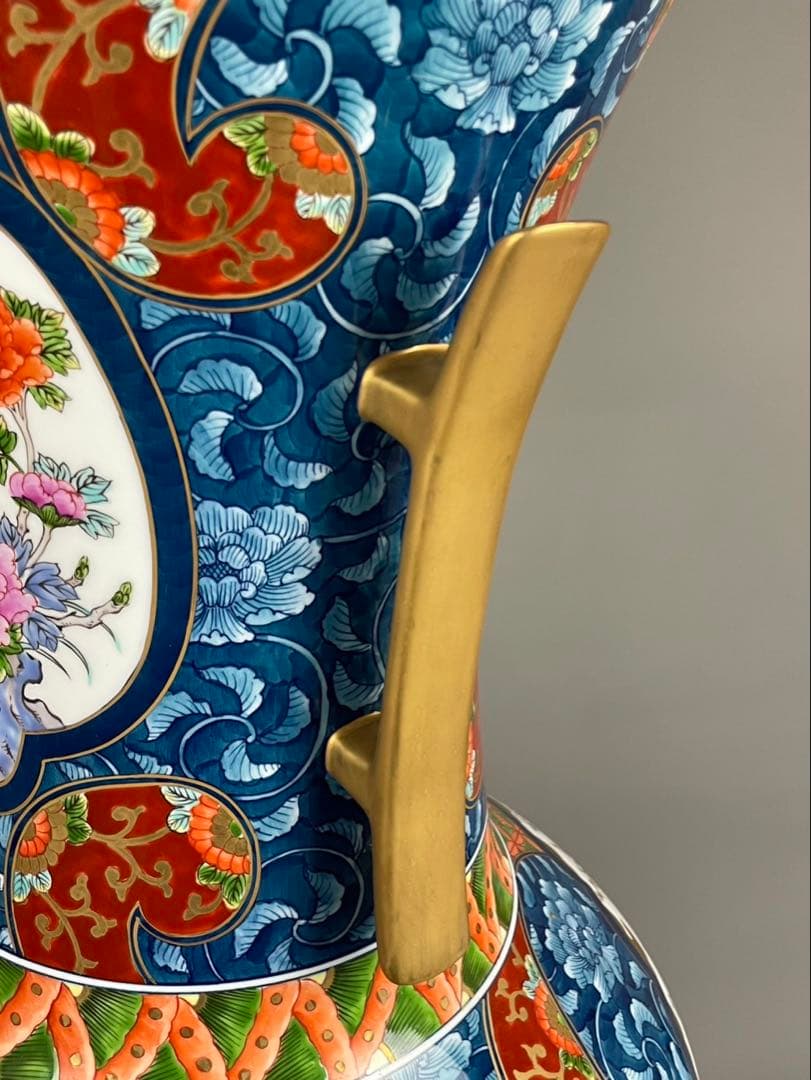 有田焼銘工 藤井勝雲 極上 染錦 花鳥図花瓶 金箔 金彩色絵 双耳 飾壷 置物