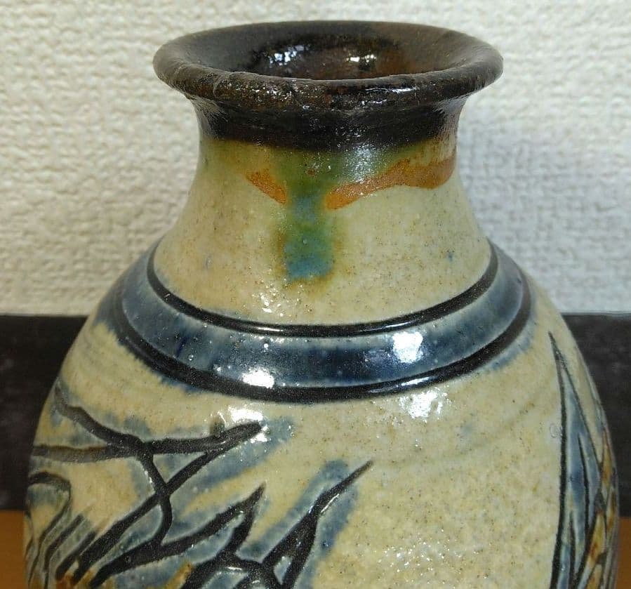 人間国宝 金城次郎 海老魚紋花瓶 栞 共箱 壺屋焼 壷屋焼 やちむん