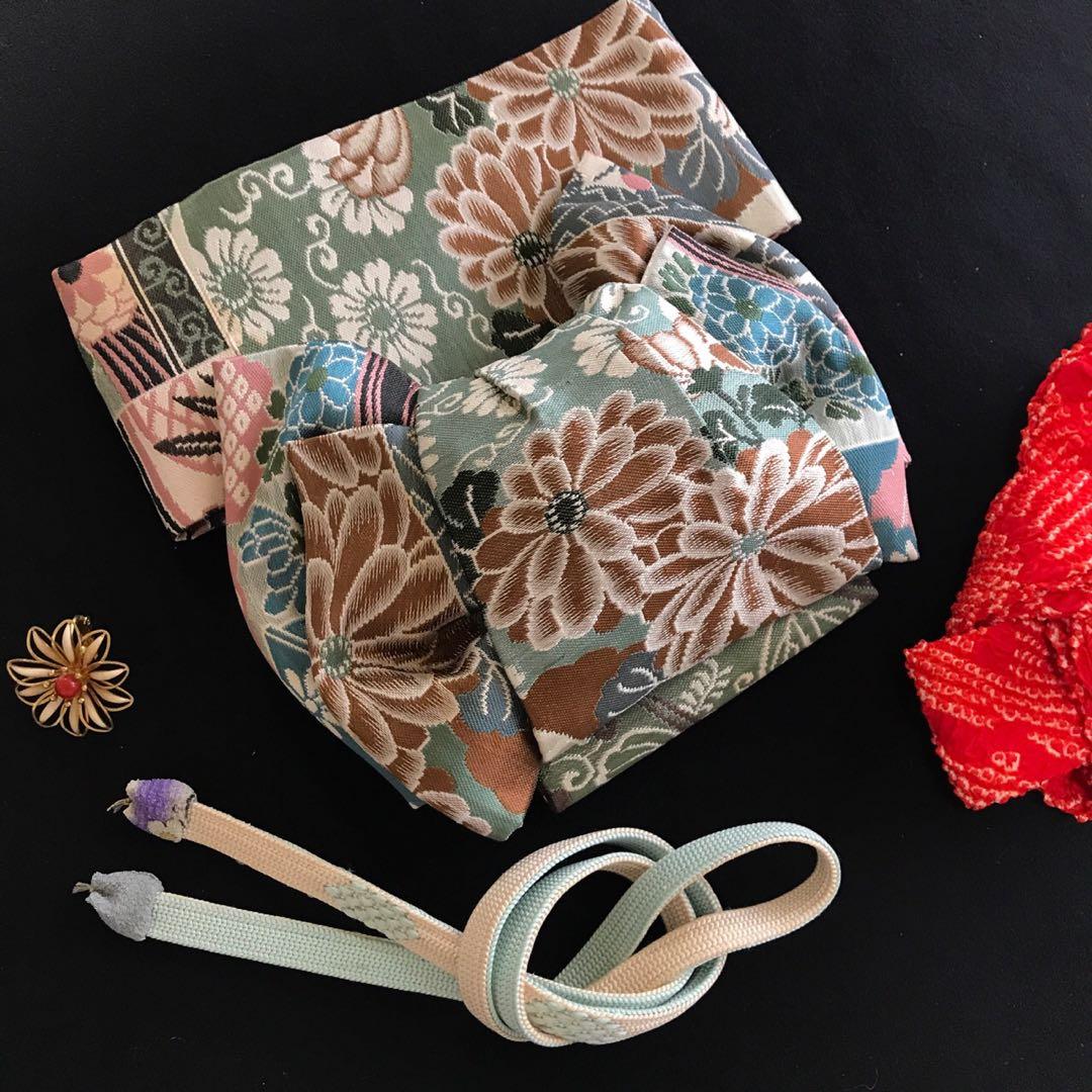 市松人形 15号 錦紗縮緬 アンティーク 着物 帯 ＊