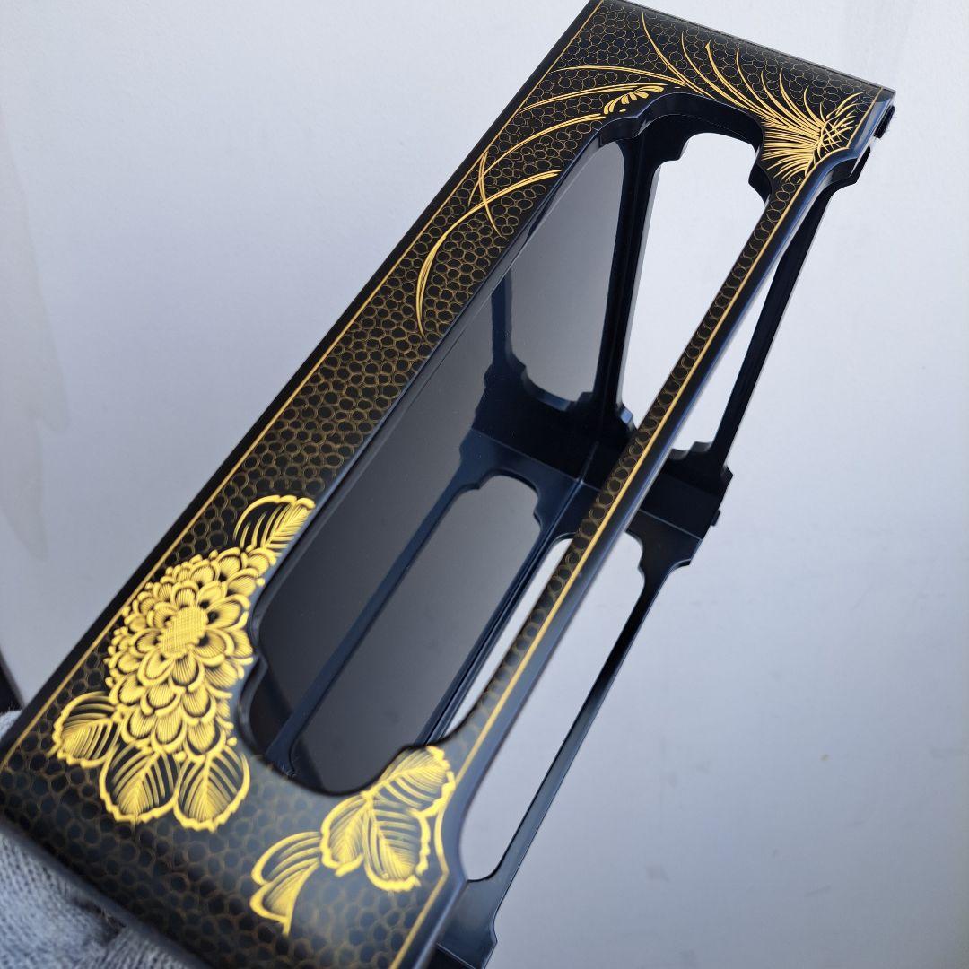 【輪島塗　7.5寸\"2段重箱&重箱台】布着本堅地　沈金\"四君子　未使用品